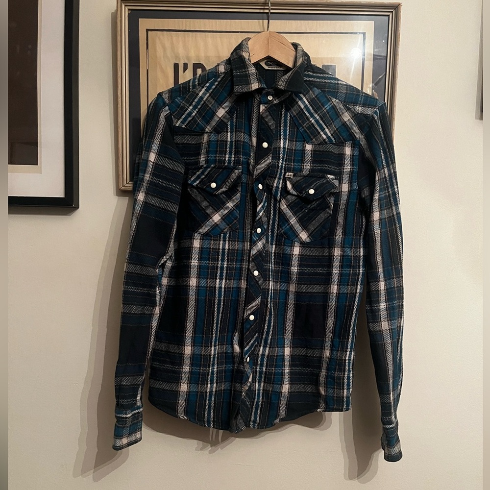 Salt Valley Blue Plaid Button-Up Western Snap Button Shirt Size M